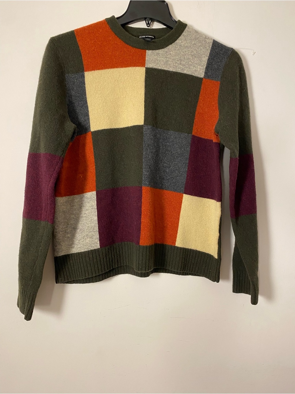 Club Monaco Women's Multi-Color Patchwork pattern Crewneck Sweater - 100%Wool